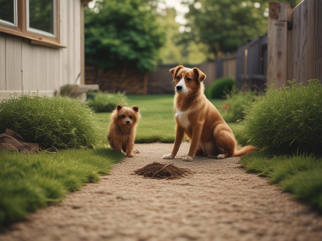a well kept backyard with a dog playing in the