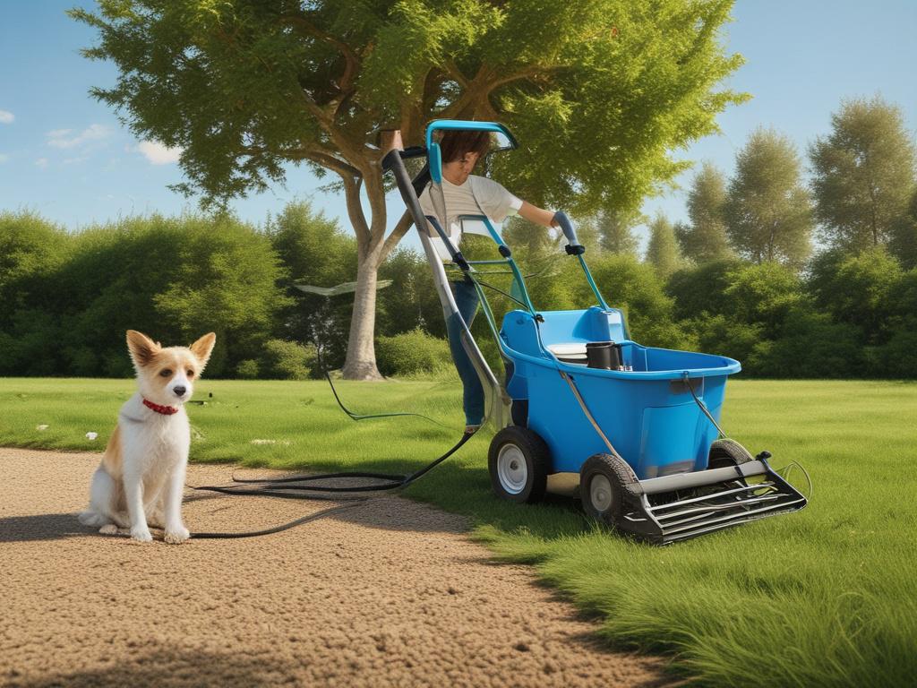 a professional cleaner in a green yard with a pet