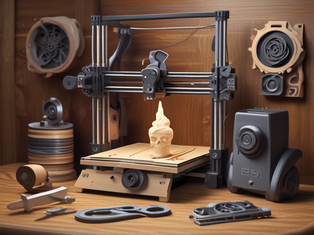 A realistic high-resolution photo of a 3D printer creating intricate wooden tools. The composition features the 3D printer prominently in the center, showcasing its detailed machinery and the tools being printed. The background is minimalistic, focusing attention on the printer and the wooden tools. The lighting is high-contrast, creating deep shadows and highlighting the textures of the wood and the printer's components. The color palette emphasizes the primary color rgb(3, 125, 201) subtly integrated into