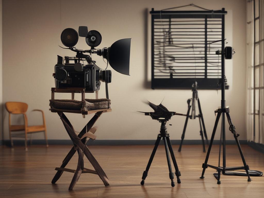 A high-resolution image of a video production set, featuring a camera on a tripod focused on a director's chair with a clapperboard beside it. The background should be a softly lit studio with earthy textures and natural tones, capturing the essence of creativity and innovation.