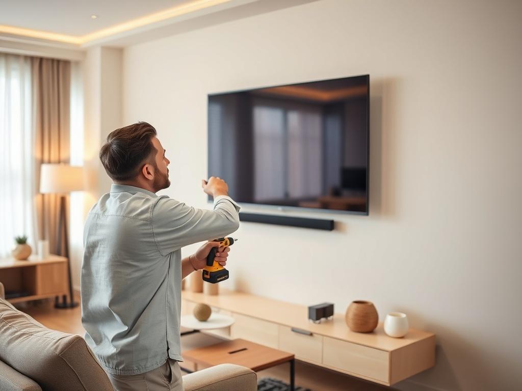 A professional technician carefully mounting a flat-screen TV on a wall in a modern living room. The background features a stylish, minimalistic interior with soft lighting, a comfortable couch, and decorative items. The technician is focused and using tools like a drill and level to ensure proper installation. The composition is simple and clear, emphasizing the technician's expertise and the sleek design of the mounted TV.