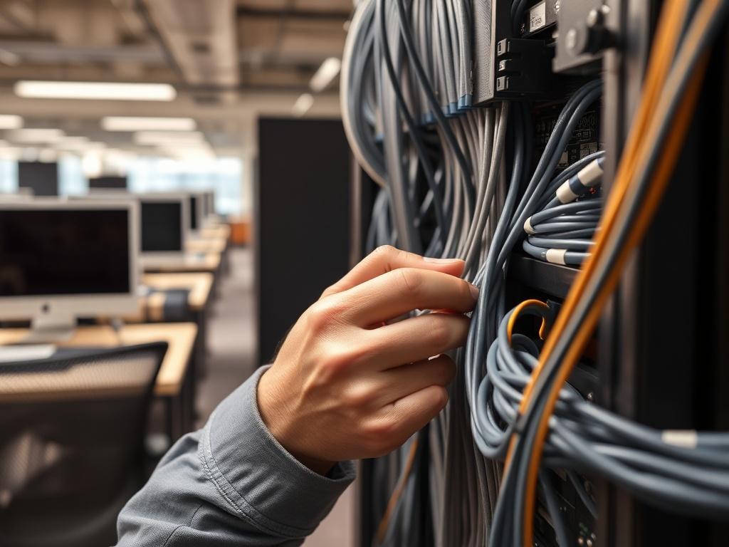 A close up shot of a technician carefully organizing and