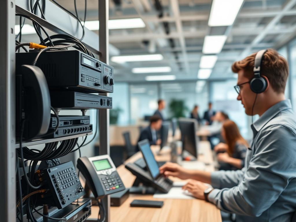 A close up shot of a technician setting up VOIP