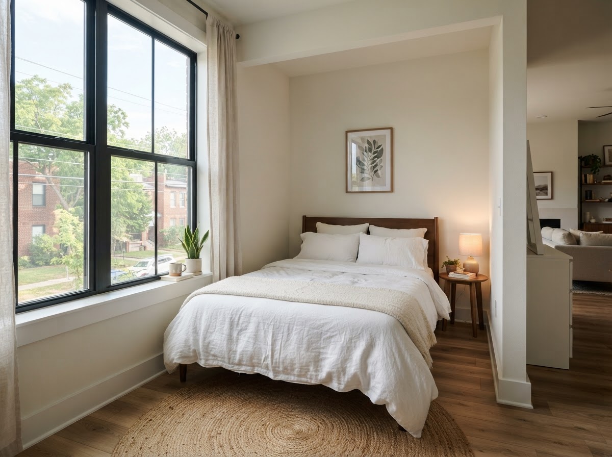 Studio apartment bedroom nook with linen bedding, oak-look floors and a tall window