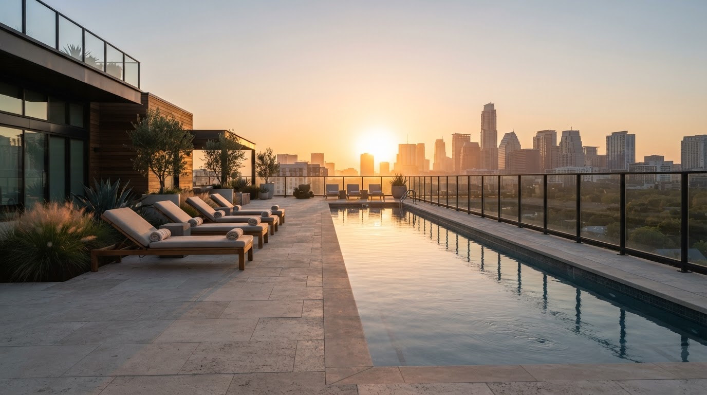 Rooftop pool deck at golden hour with the Austin skyline beyond