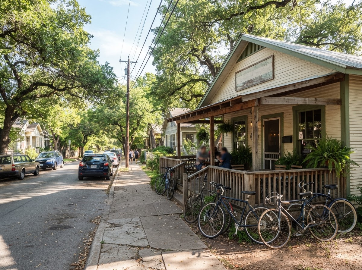 Tree-lined East Austin street with a neighborhood coffee shop