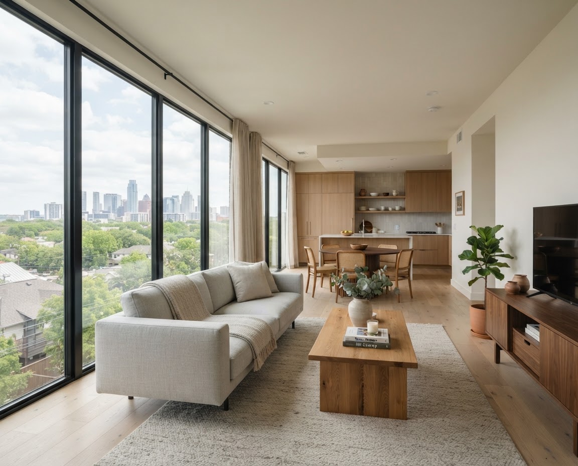 Sunlit apartment living room with pale oak floors and tall windows