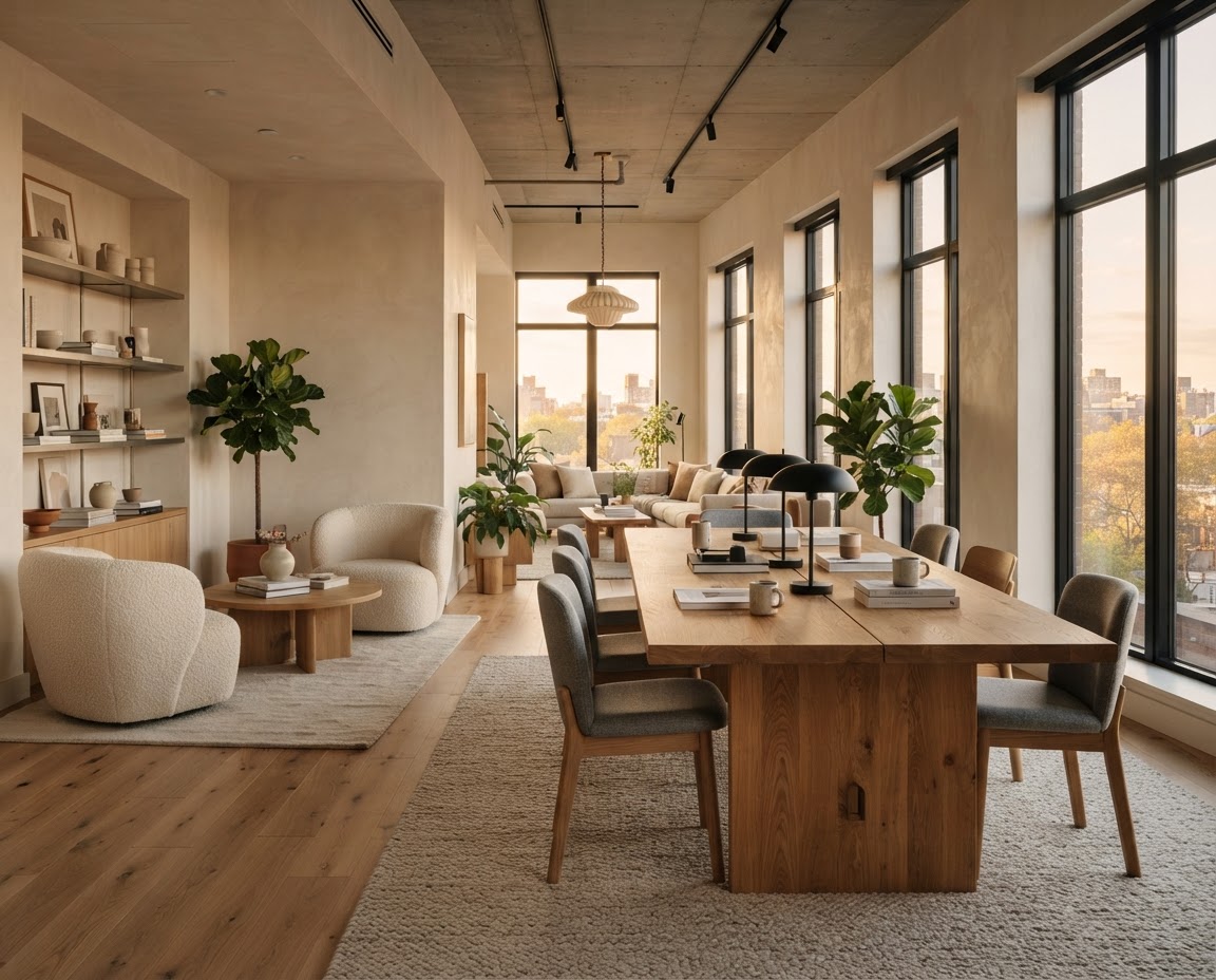 Daylit co-working lounge with a long oak table and comfortable seating