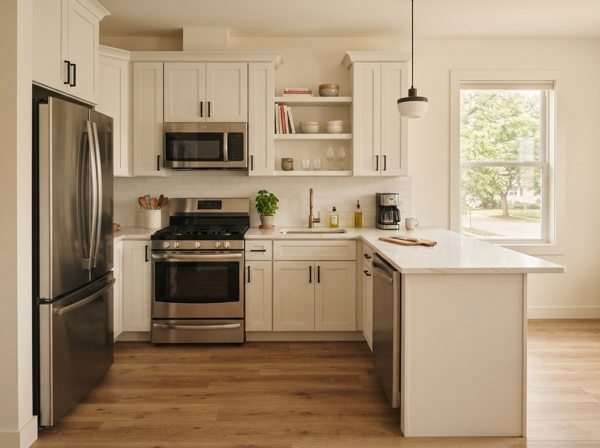 Bright one-bedroom kitchen with quartz counters and oak-look floors