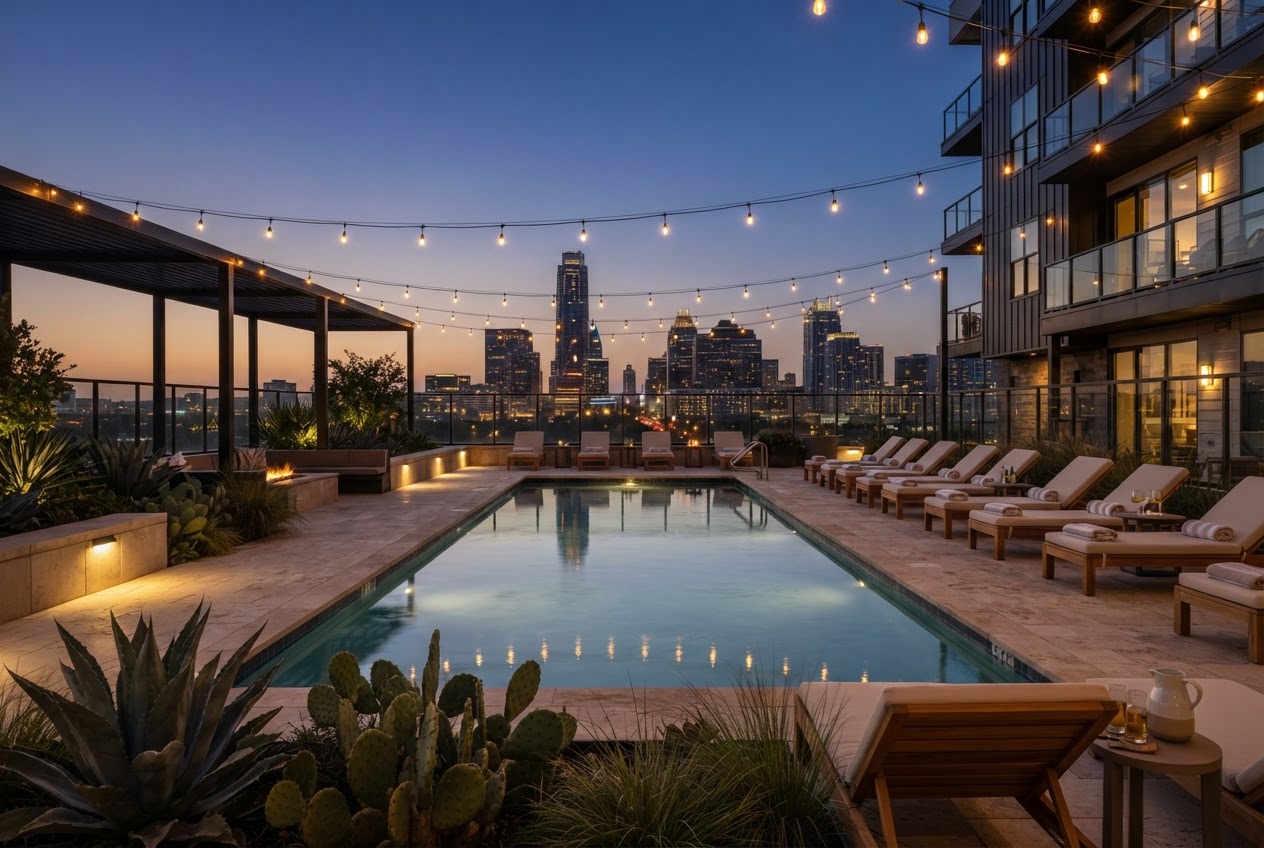 Rooftop pool deck at dusk with warm string lights
