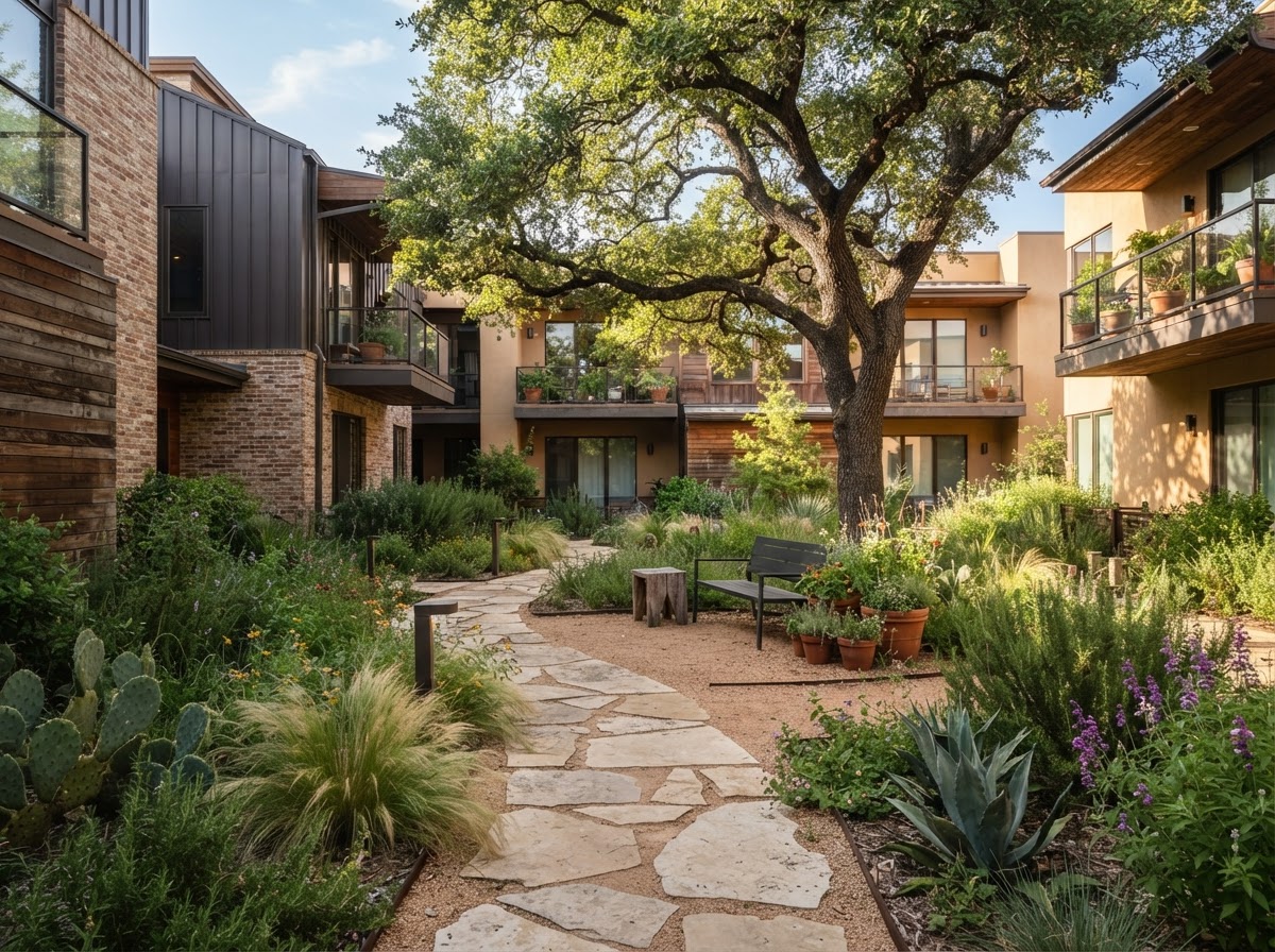 Apartment courtyard with native grasses and shaded limestone paths