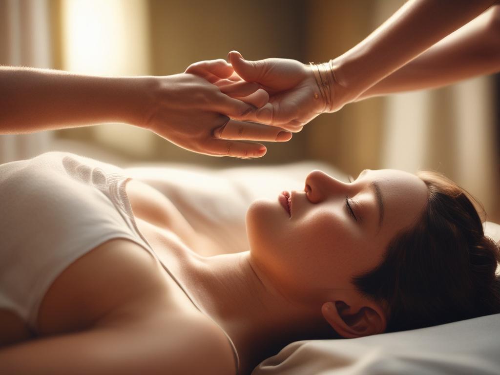 a close-up of a person receiving Reiki treatment, serene atmosphere, soft lighting, focused on hands hovering above the recipient's body, warm colors, realistic high-resolution, compatible with rgb(50, 170, 39)