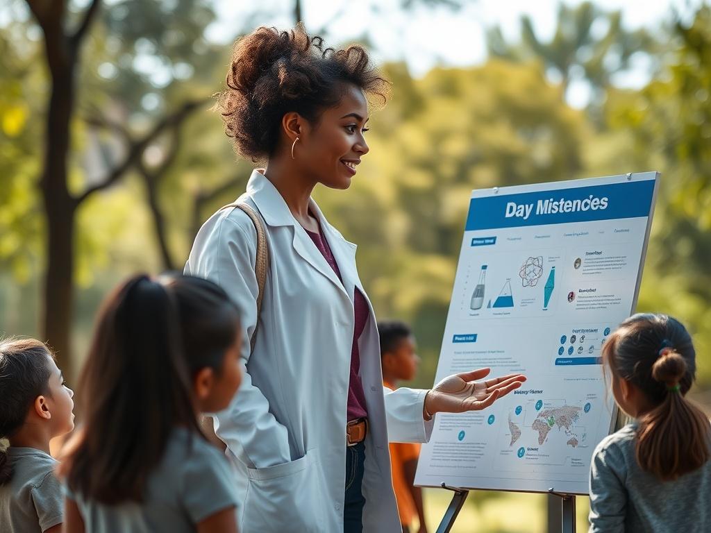 **AI Image Generation Prompt:**

Create a realistic high-resolution photo that reflects the theme "Importancia de la divulgación científica." The image should feature a single, engaging subject: a passionate scientist, a woman in her late 30s, standing outdoors in a serene park setting, with a thoughtful expression as she gestures towards a simple, clear infographic board illustrating key scientific concepts. 

The scientist should be dressed in a white lab coat over casual attire, symbolizing the connectio