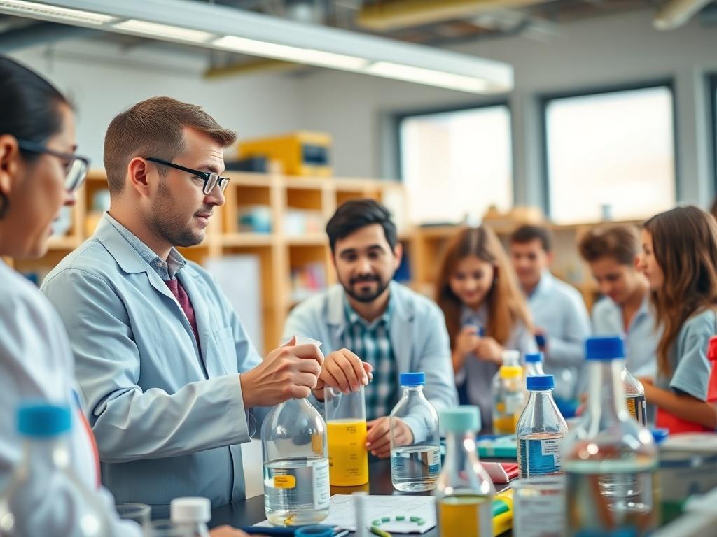A close up shot of a lively science workshop with
