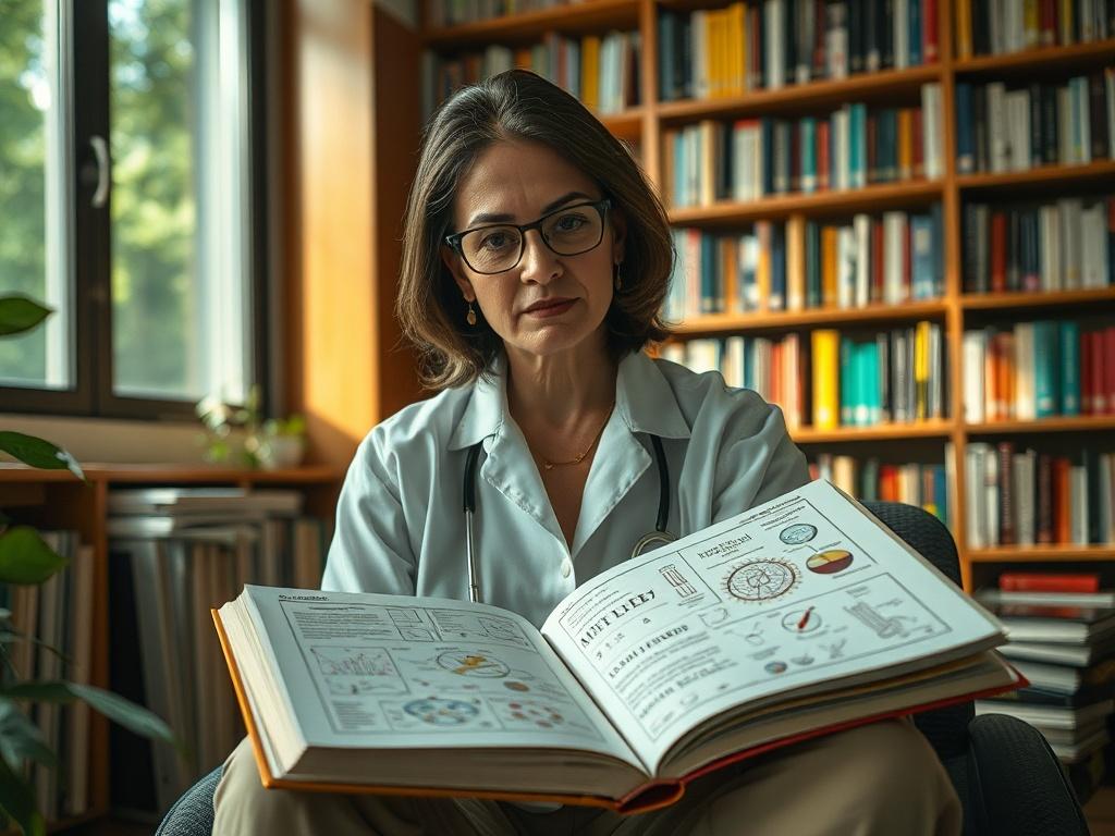Create a realistic high-resolution photo that encapsulates the theme "La Importancia de la Divulgación Científica." The composition should be simple and clear, featuring a single subject: a knowledgeable scientist, a middle-aged Hispanic woman, sitting in a cozy yet modern library filled with books related to various scientific disciplines. She is thoughtfully engaging with an open book on her lap, which depicts intricate diagrams and illustrations related to scientific concepts, showcasing her passion for 