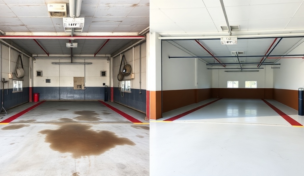 Car wash bay before and after pressure washing