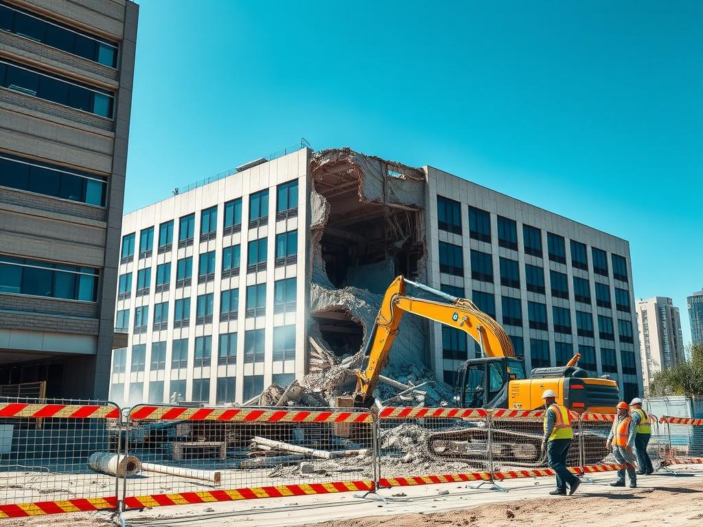 An impressive shot showcasing a commercial demolition project in progress