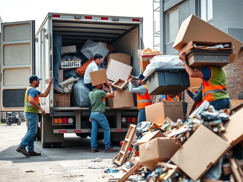 A dynamic shot of a rubbish removal team loading waste