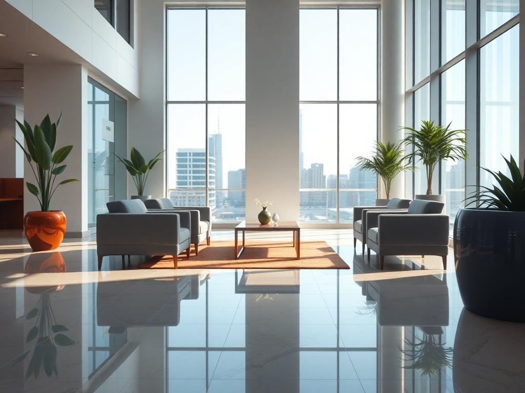 A hyper-realistic close-up shot of a pristine office lobby area, showcasing polished floors and well-maintained furniture. The composition should focus on a single, elegant seating arrangement with a small coffee table, surrounded by large windows that allow natural light to flood in. The background should be minimalistic, highlighting the cleanliness and professionalism of the space. The colors should be bright and inviting, with a focus on the primary color rgb(2, 86, 197) subtly integrated into decorativ