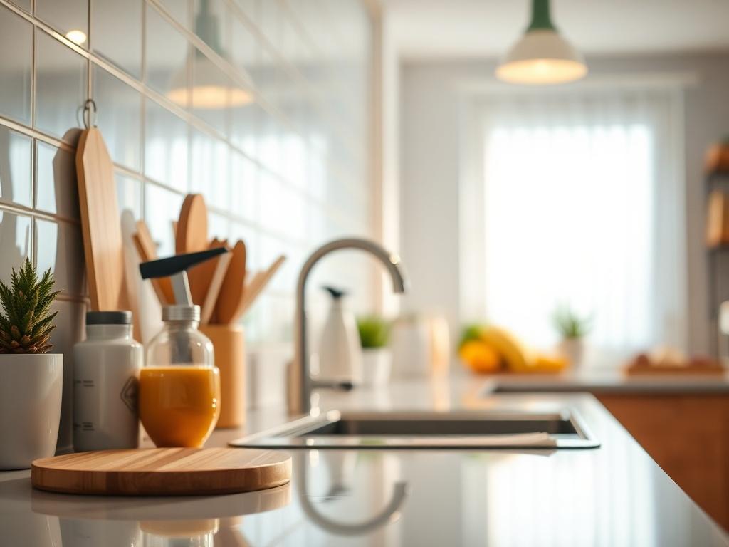 A hyper-realistic close-up shot of a sparkling clean kitchen countertop with gleaming surfaces and organized items, showcasing the meticulous detail of a Move-In & Move-Out cleaning service. The image should focus on the countertop with a soft background that suggests a bright, welcoming home environment. The lighting should be warm and inviting, emphasizing the cleanliness and freshness of the space. The color palette should harmonize with the primary color rgb(2, 86, 197), creating a visually appealing sc