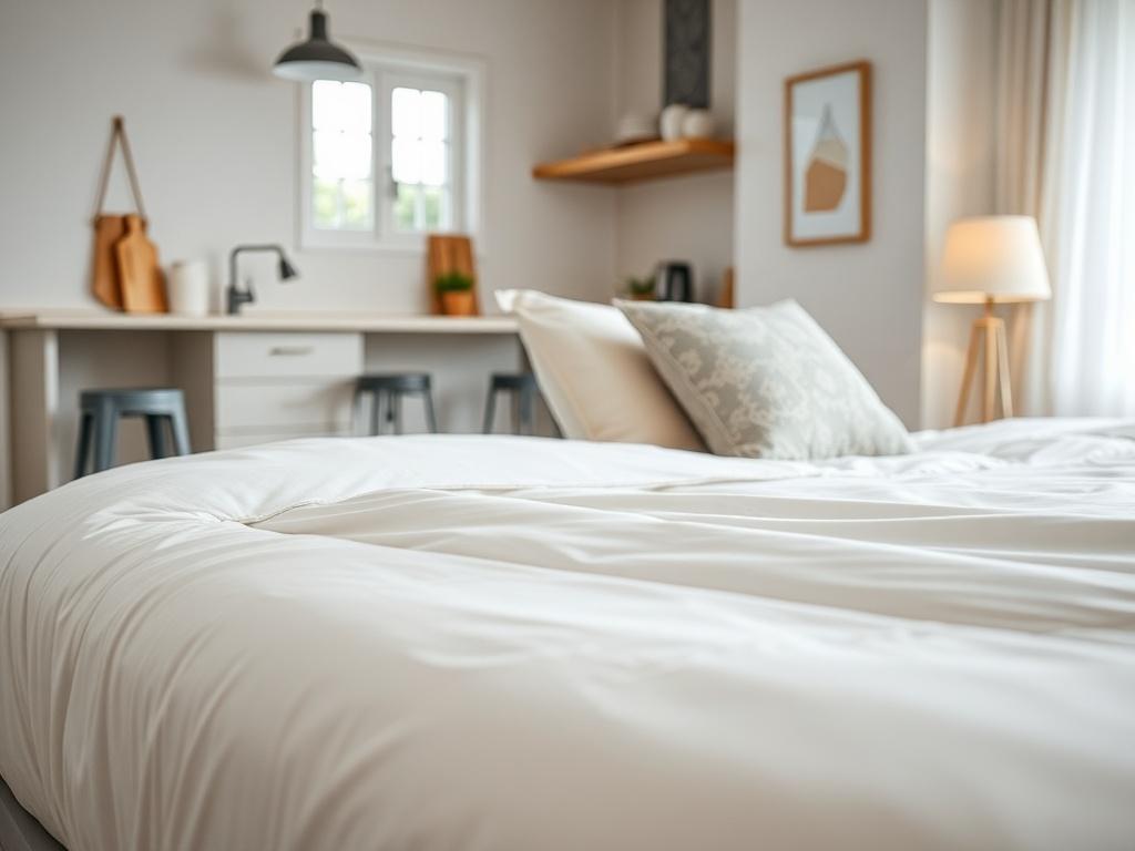 A close-up shot of a beautifully made bed in an Airbnb property, featuring fresh linens and decorative pillows. The room should be well-lit, showcasing a clean and inviting atmosphere. In the background, a neatly organized kitchen counter with essential amenities can be seen. The image should be shot with a 45mm f/1.2 lens style, emphasizing the comfort and cleanliness of the space, with a focus on the bed as the main subject. The primary color scheme should be compatible with rgb(2, 86, 197).