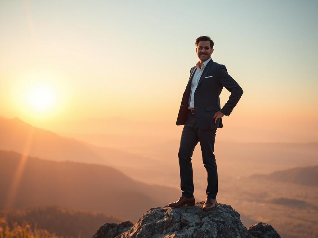 A serene and empowering scene featuring a confident leader standing on a mountain peak, overlooking a beautiful landscape during sunrise. The leader is dressed in professional attire, symbolizing success and transformation. Soft, warm lighting bathes the scene in gentle tones, creating a peaceful atmosphere. The background includes lush valleys and distant mountains, emphasizing growth and new beginnings.