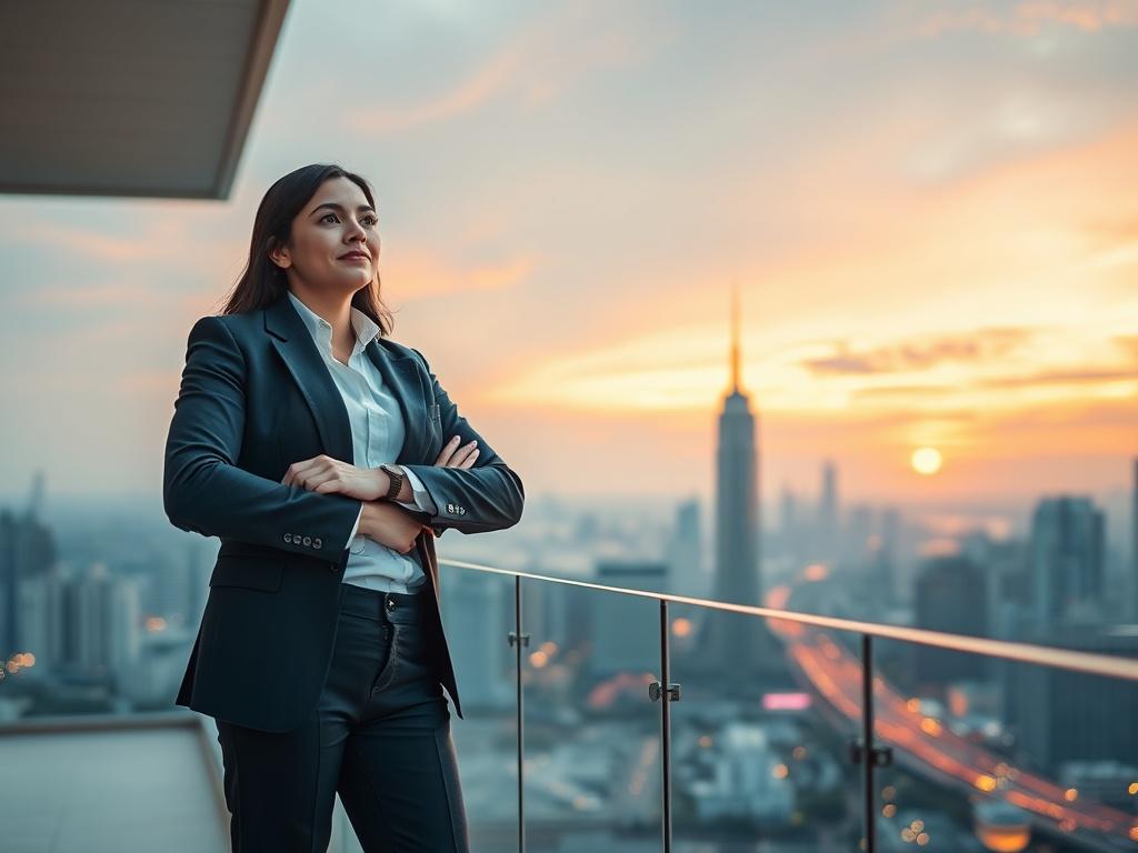 A serene, high-resolution image of a confident executive standing on a balcony overlooking a vibrant city skyline at sunset. The subject is dressed in professional attire, embodying empowerment and tranquility. Soft tones and gentle lighting create a peaceful atmosphere, emphasizing the transformative energy of the scene.