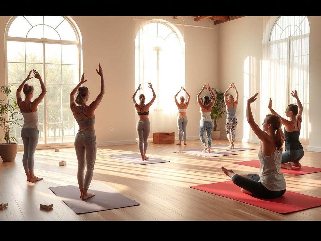 A peaceful yoga class in a sunlit studio, featuring participants engaged in gentle movements. The atmosphere is calm and inviting, with soft colors and natural materials that enhance the connection between body and mind.
