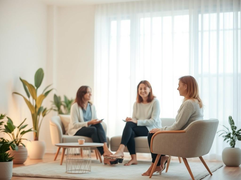 A serene coaching session in a softly lit room, featuring a compassionate coach and a client engaged in conversation. The background includes calming elements such as plants, a comfortable seating arrangement, and gentle colors that evoke a sense of peace and healing.