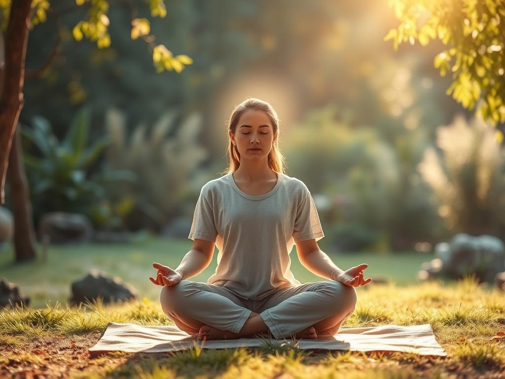 A serene and calming scene featuring a person meditating in a peaceful outdoor setting, surrounded by nature. The individual, dressed in comfortable attire, radiates a gentle glow, symbolizing elevated energy. Soft, natural lighting enhances the tranquil atmosphere, with lush greenery and soft earth tones in the background, creating an inviting and peaceful environment.
