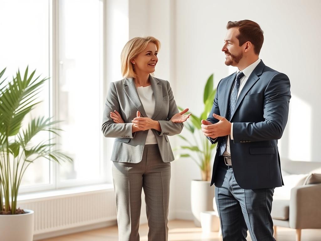 A professional executive coach working with a client in a serene office setting. The coach, a middle-aged woman, is demonstrating effective body language and posture while standing confidently. The client, a young professional man, is practicing his speaking skills with a focused expression. Soft, natural light filters through a large window, casting gentle shadows. The background features minimalistic decor with plants, creating a calming and inspiring atmosphere.