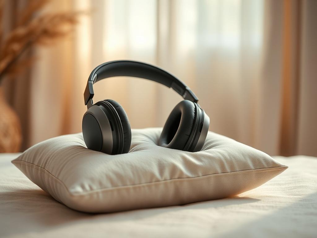 A serene and peaceful setting featuring a pair of high-quality headphones resting on a soft, plush pillow. The background should depict a calming environment, such as a softly lit room with gentle natural light filtering through sheer curtains. The color palette should include soft earth tones, creating a tranquil atmosphere ideal for relaxation and mindfulness.