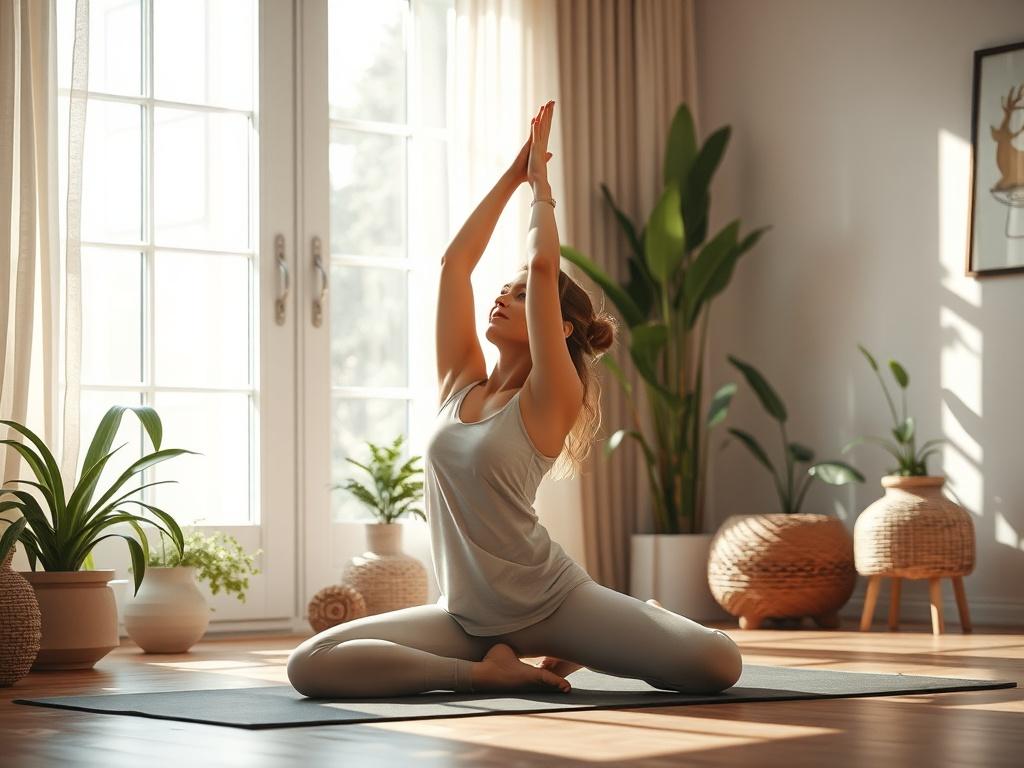 A tranquil setting featuring a serene person practicing yoga in