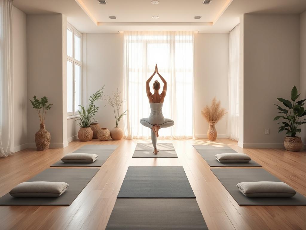 A calming image of a serene yoga studio with soft mats, gentle lighting, and nature-inspired decor. The scene should feature an individual peacefully practicing yoga, embodying balance and tranquility. The soft colors and lighting create an inviting and peaceful atmosphere, perfect for mind-body connection.