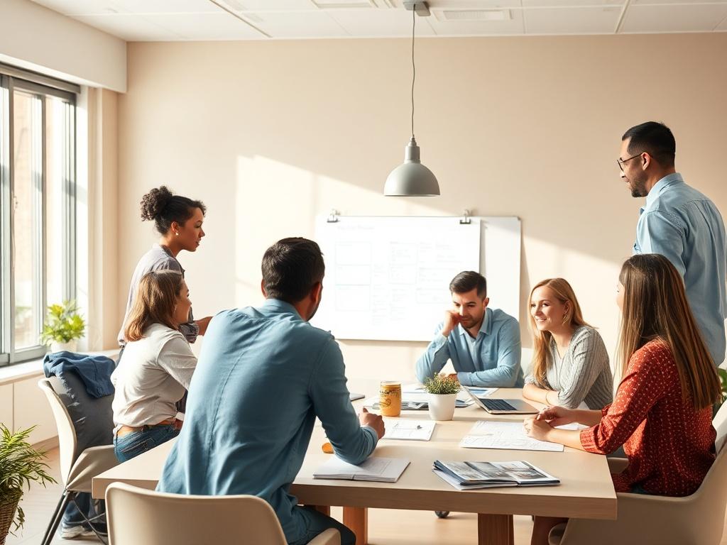 A vibrant image of a group of diverse individuals engaged in a brainstorming session around a large table. The room is well-lit with natural light, and the atmosphere should feel dynamic and collaborative, showcasing engagement and shared ideas among participants.