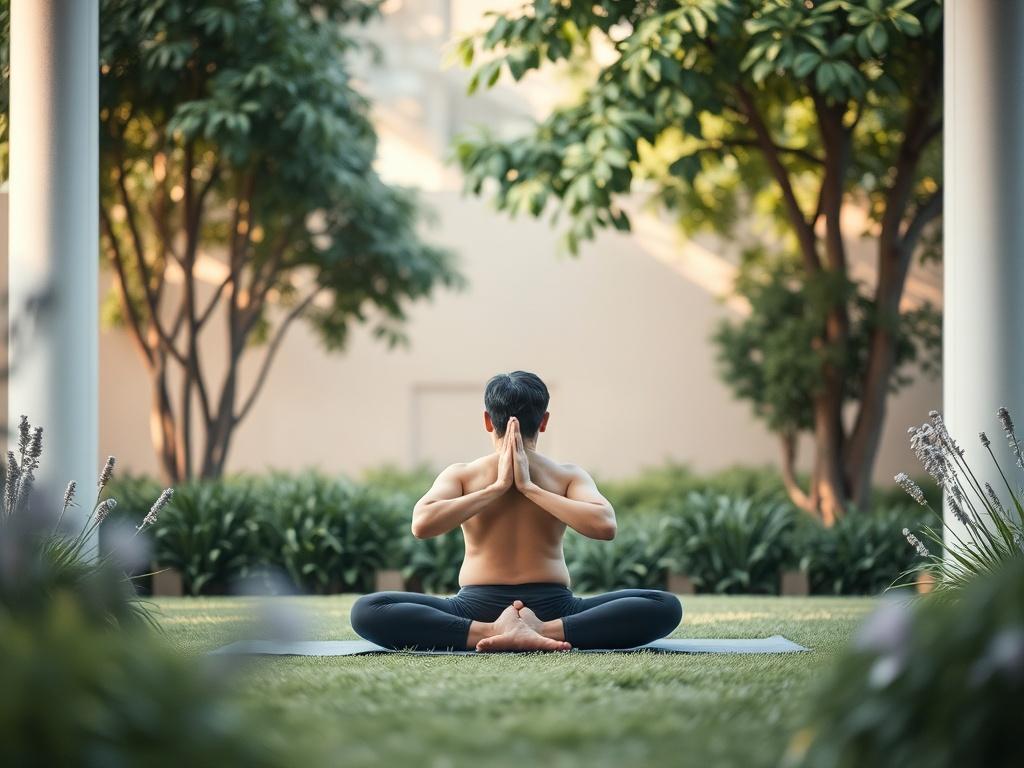 A serene setting featuring a single person practicing yoga in a peaceful garden. The individual is in a meditative pose, surrounded by soft greenery and gentle lighting that creates a calming atmosphere. The background should be blurred slightly to emphasize the subject, and the color palette should include soft tones that harmonize with the rgb(193, 153, 87) primary color.
