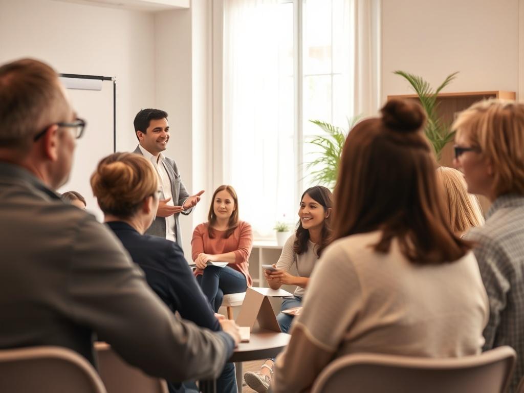 A training workshop in action, showcasing a facilitator leading a diverse group of participants. The setting is bright and inviting, with participants actively engaged in discussion and activities. Soft lighting and a well-arranged space create a supportive atmosphere for learning.