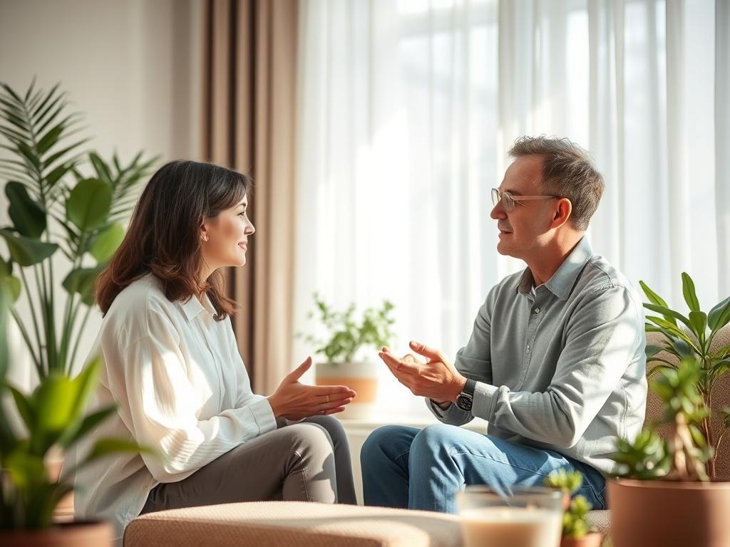 A serene coaching session in a peaceful setting, featuring a coach and a client engaged in deep conversation. The background is softly lit with natural light filtering through gentle curtains. The atmosphere conveys warmth and trust, with plants and calming décor enhancing the environment.