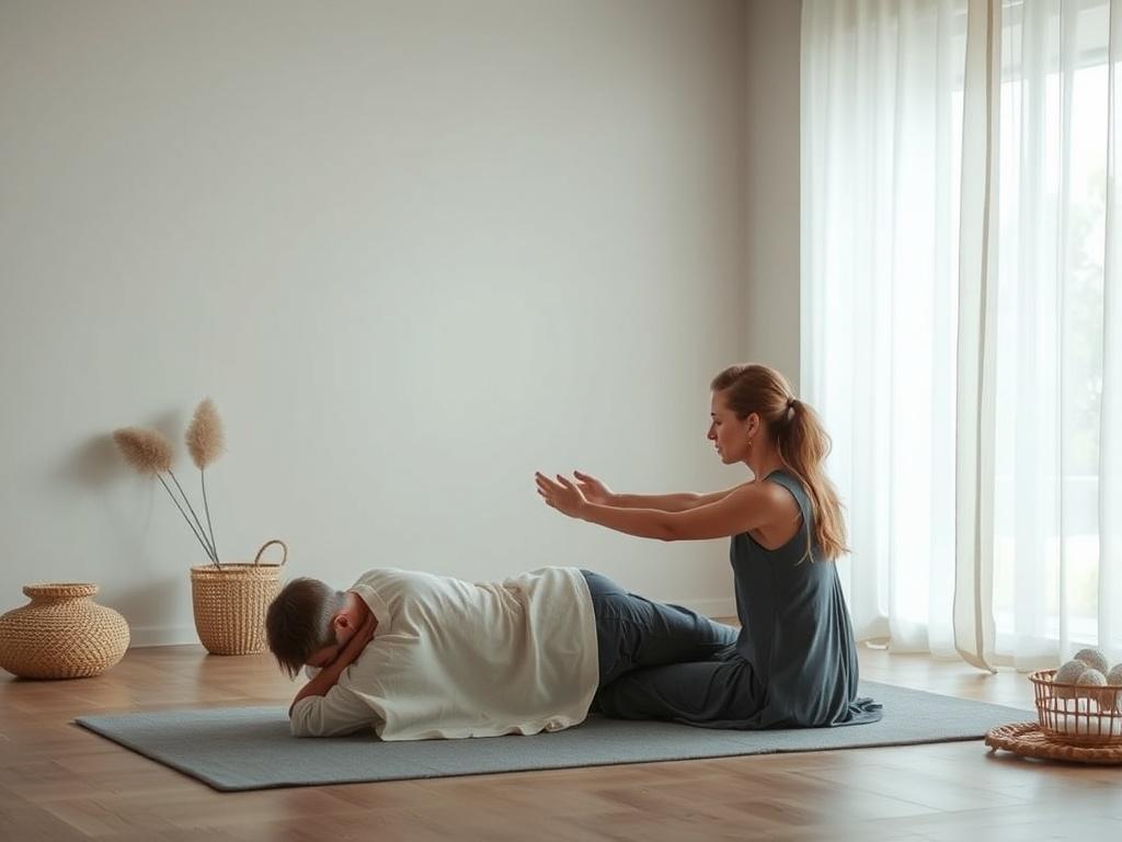 A calm and peaceful somatic session, featuring a practitioner guiding a client through gentle movements. The environment is tranquil, with soft colors and natural elements, creating a nurturing space that promotes healing and relaxation.