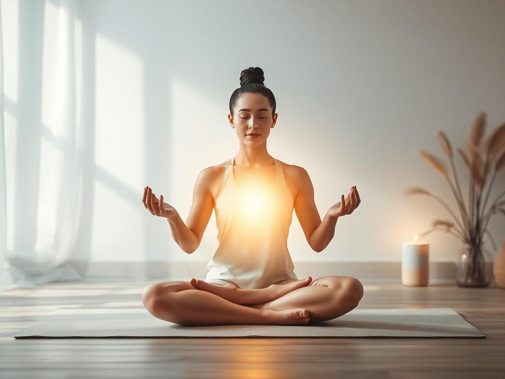 A serene setting with a person practicing energy work in a peaceful environment. The subject, a focused individual sitting cross-legged on a soft mat, radiates a warm, gentle glow. Surrounding them are soft lighting and subtle nature elements like plants or flowing water in the background, creating a calming atmosphere. The color palette features soft tones and gentle lighting to enhance the feeling of tranquility.