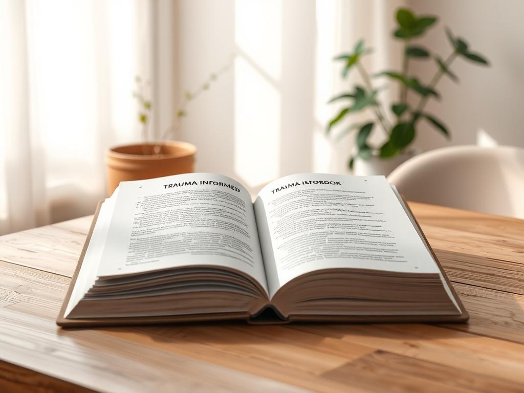 A serene workspace featuring an open trauma-informed workbook on a wooden table, surrounded by soft natural light. The background shows a tranquil indoor plant and gentle textures, creating a peaceful atmosphere.