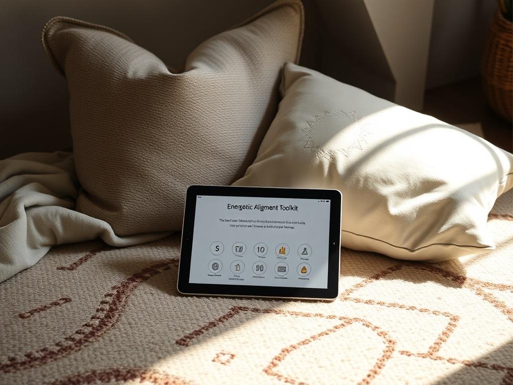 An inviting scene with a digital tablet displaying the Energetic Alignment Toolkit on a cozy rug. Soft pillows and gentle lighting enhance the calm ambiance, inviting users to engage with the content.