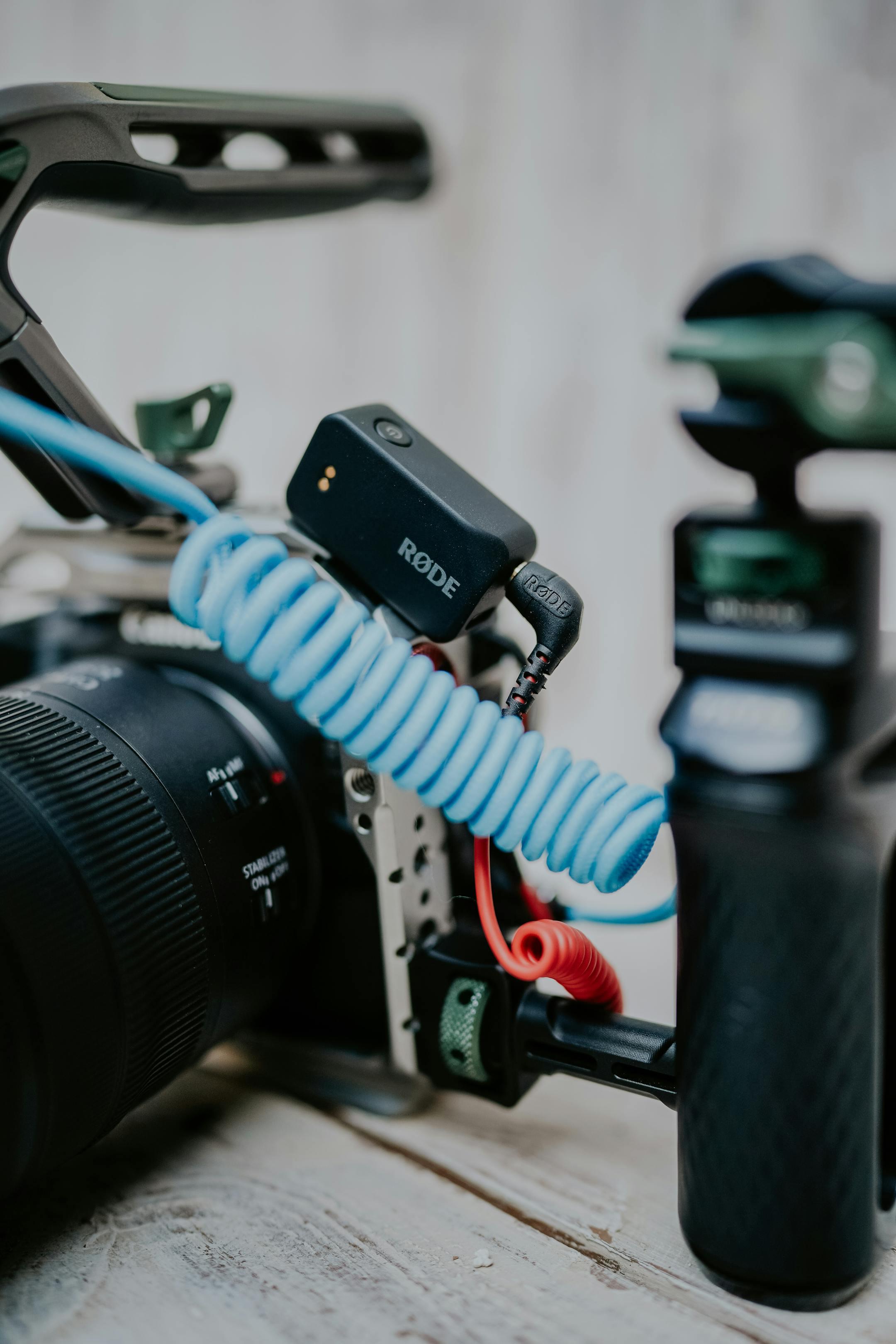 Close-up of professional camera with Rode microphone in a studio setting.