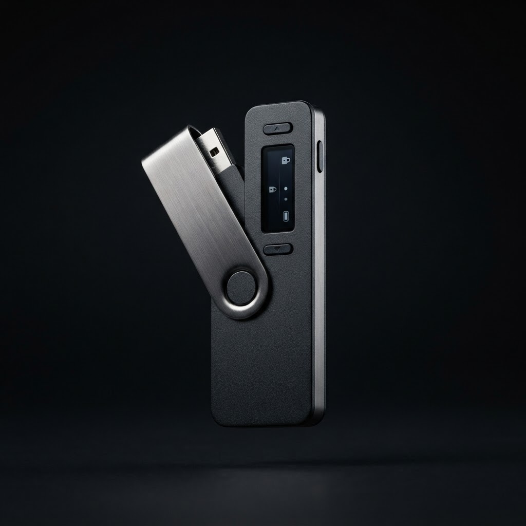 Generic graphite hardware wallet device shown fully in a studio product study