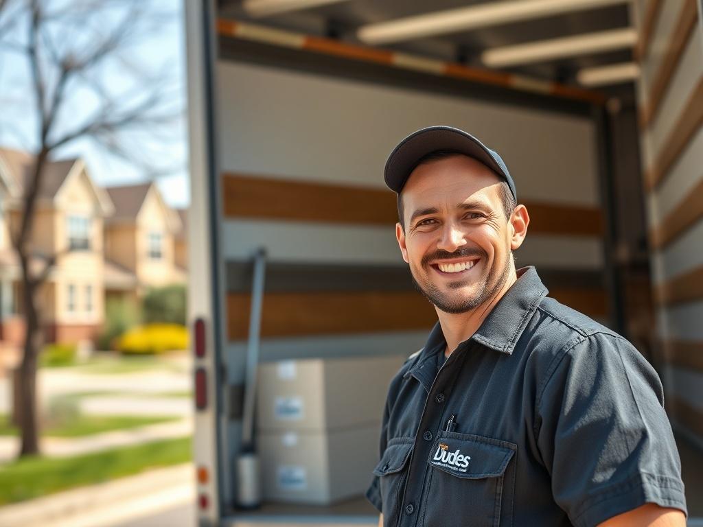 A realistic high-resolution photo of a friendly moving professional from The Dudes Moving Co. smiling and standing beside a moving truck, ready to assist. The background shows a sunny Kansas City street with residential homes. The focus is on the moving professional, capturing their approachable demeanor. Shot with a 45mm f/1.2 lens style, ensuring a sharp focus on the subject with a blurred background.