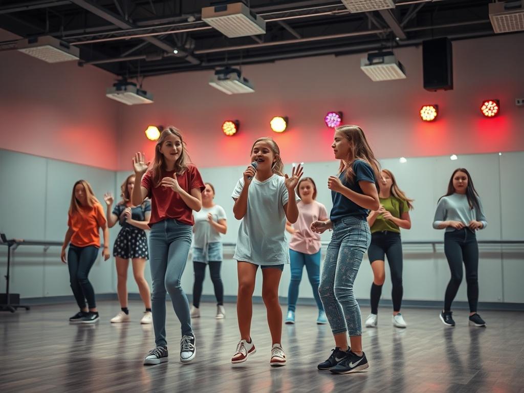 A dynamic rehearsal scene with youth practicing for a performance. Show students singing and dancing together, with some acting out scenes. Capture the energy and enthusiasm in a spacious, well-lit studio, with mirrored walls and colorful stage lights.