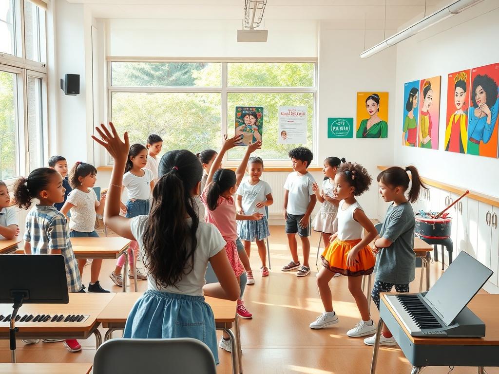A vibrant and inviting classroom filled with diverse youth engaged in singing, dancing, and acting exercises. The setting should have large windows allowing natural light, showcasing a clean and green environment. Include musical instruments, dance props, and colorful posters of famous performances on the walls.