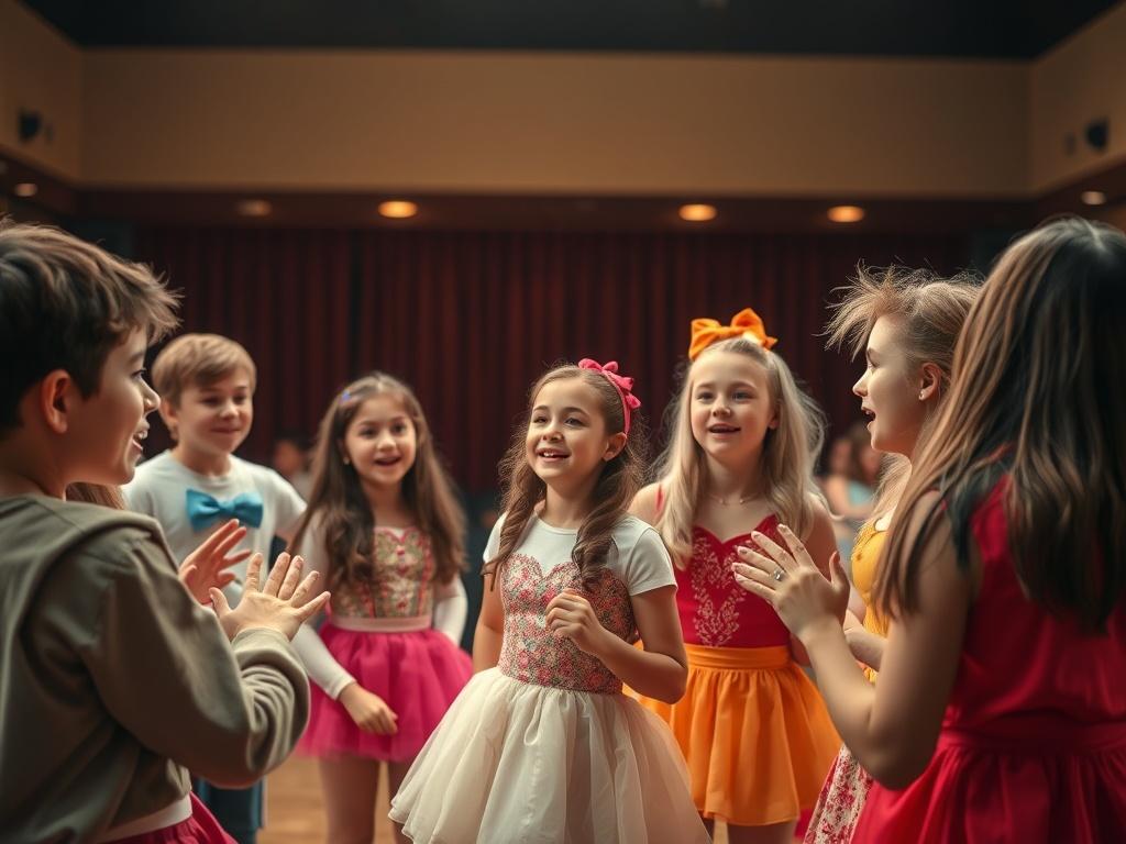 A focused group of students rehearsing their performance in a theater setting. Highlight the vibrant costumes and props, with enthusiastic expressions as they practice singing, dancing, and acting. The stage should be well-lit, showcasing their talent and passion.