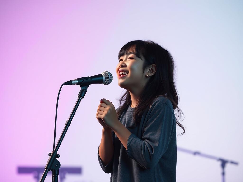 A young person singing joyfully on a small stage, with