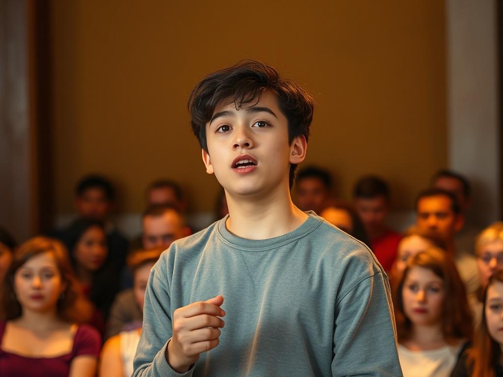 A young actor performing a monologue on stage, surrounded by